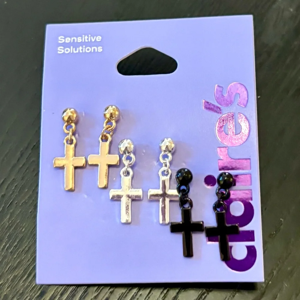 ☀️ 5/25 ☀️ Claire's Cross Dangle Earrings Set - Gold, Silver, Black